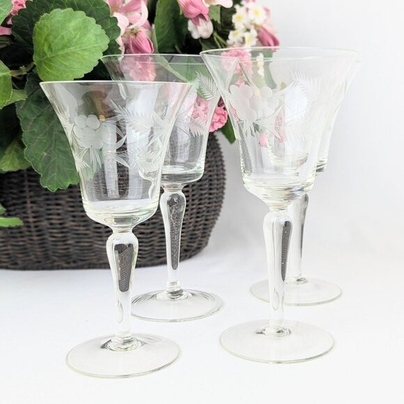 Vintage Etched Crystal Stemware Set of 4 Mixed Water Wine Glasses Floral Cut - Picture 1 of 9